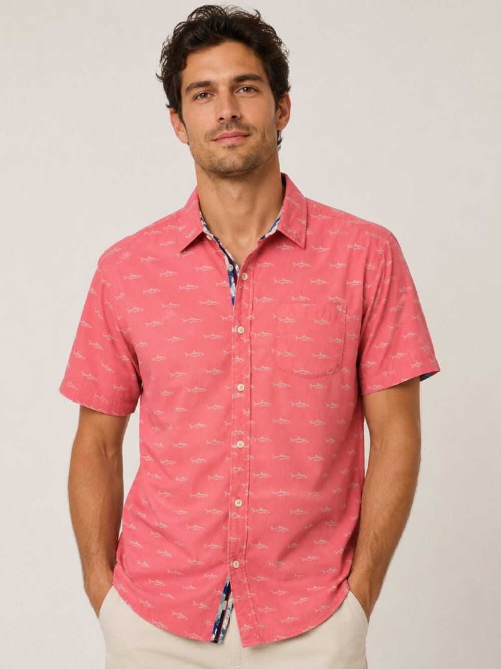 Heritage Report Collection Shark Print Button Down Shirt Men’s XL Pink 100% Cott